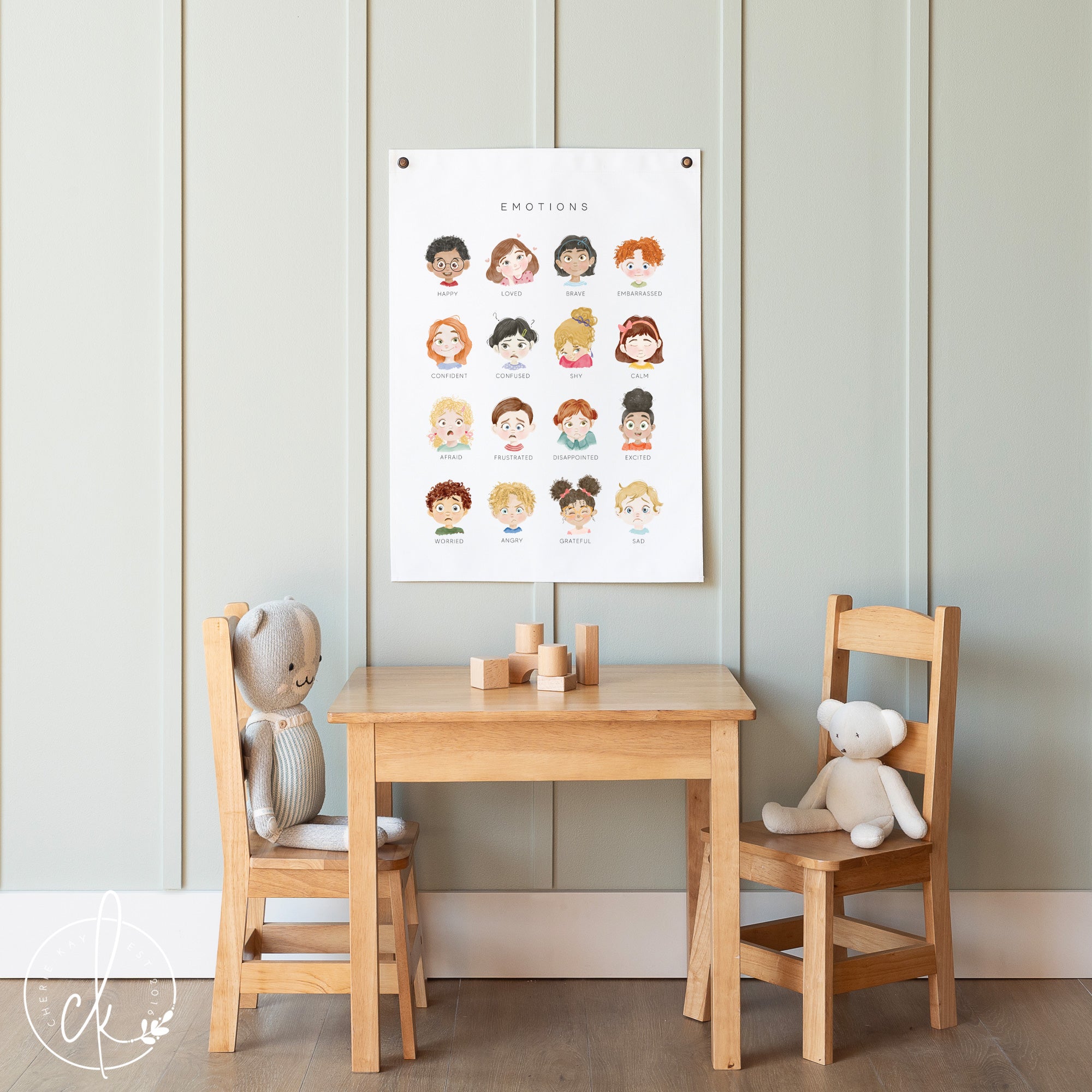 Colorful emotions and feelings chart for kids mounted on a bedroom or classroom wall, featuring illustrated faces and emotion words to support social emotional learning, communication skills, and empathy-building.