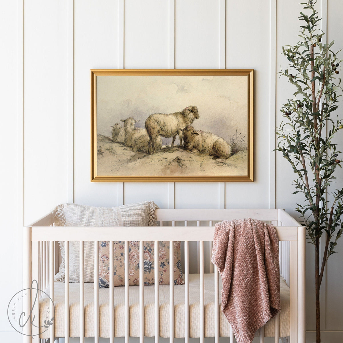 Vintage Sheep Painting | Vintage Animal Painting | Framed Nursery Painting | Nursery Wall Art | Farm Animal Decor | Farmhouse Nursery Decor