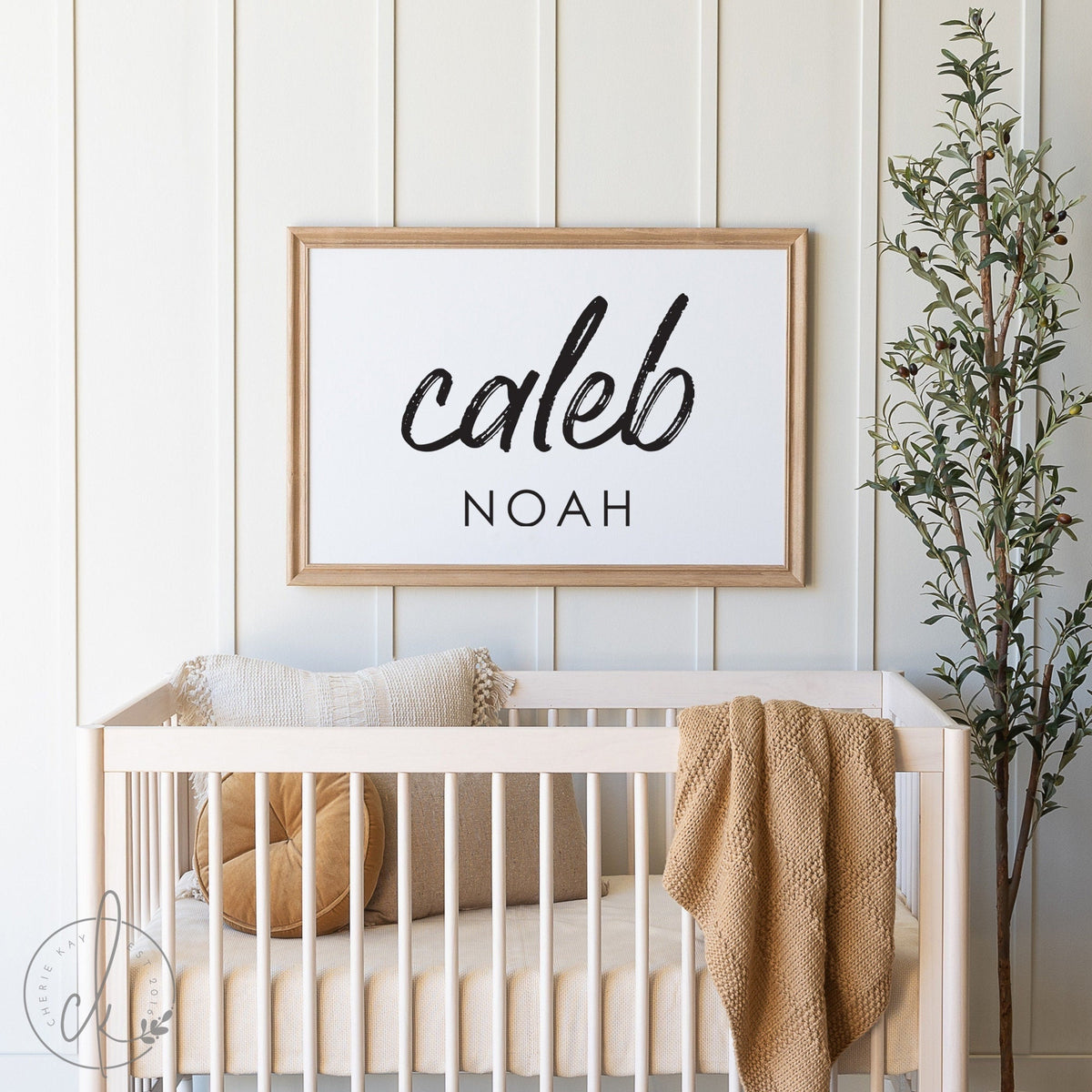 Personalized nursery name sign with natural wood frame, custom wall art for boys&amp;#39; rooms, toddler rooms, and playrooms, featuring modern font combination, perfect for baby shower gifts, birthdays, and nursery decor.