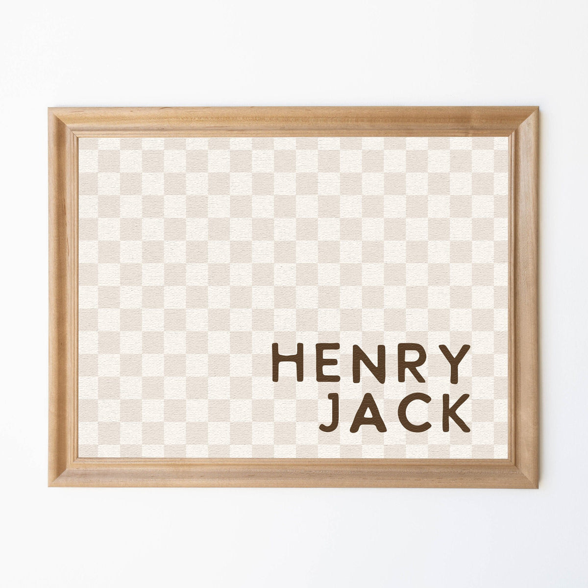 Personalized Boy Name Wall Decor With Checkers | Wood Framed Canvas | Custom Baby Name Sign | Neutral Boy Room Artwork | Henry Jack