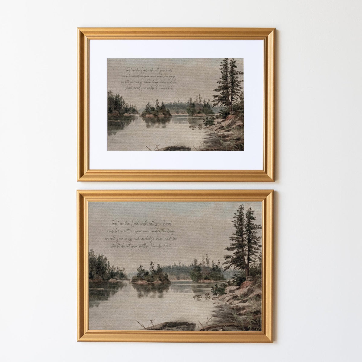 Framed Landscape Painting with Proverbs 3:5-6 | Christian Wall Art | Inspirational Bible Verse | Pine Trees &amp; Lake | Living Room Art | N196