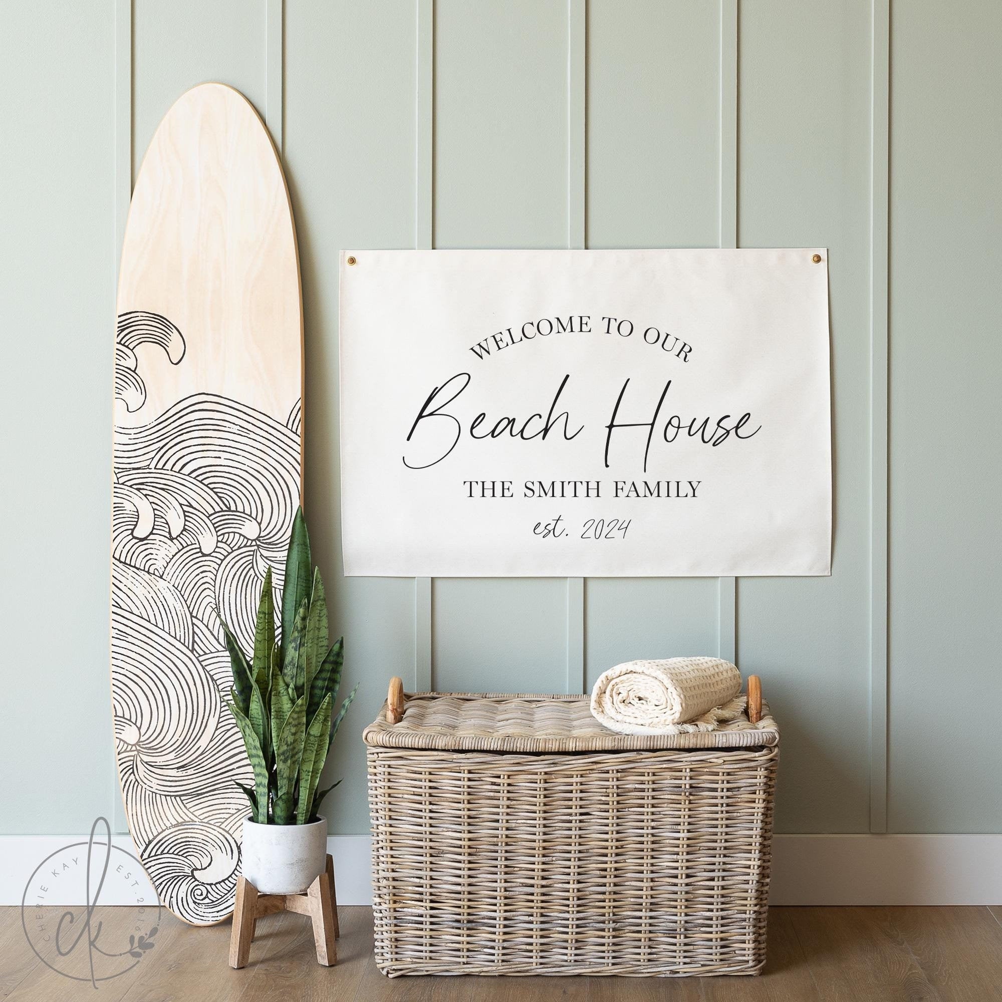 Personalized beach house canvas sign with family name and established date, coastal decor banner for entryway, ocean-themed home wall art, custom family name sign for beach house, coastal living room decoration, beach house welcome sign.