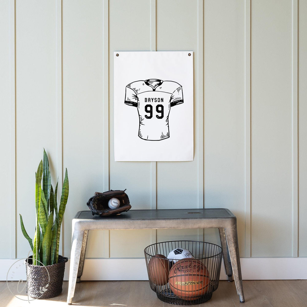 Personalized canvas banner featuring a custom football jersey design with a personalized name. This sports-themed wall art is perfect for a boys&amp;#39; room, teen bedroom, or playroom.