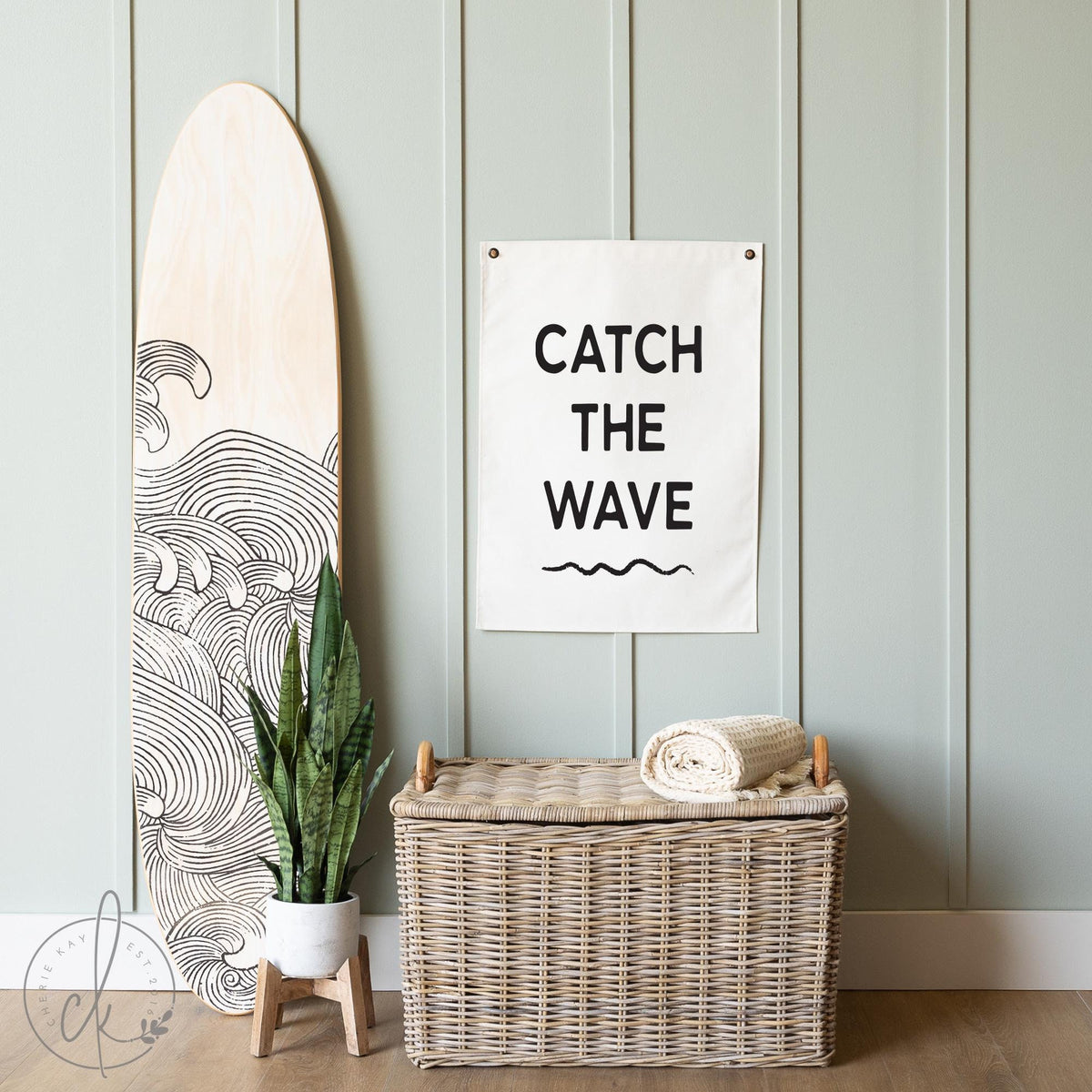 Catch the Wave canvas flag. Perfect coastal wall decor for a beach house, surf-themed room, or ocean-inspired kids&amp;#39; nursery, featuring minimalist black typography and wave design for a modern nautical look.