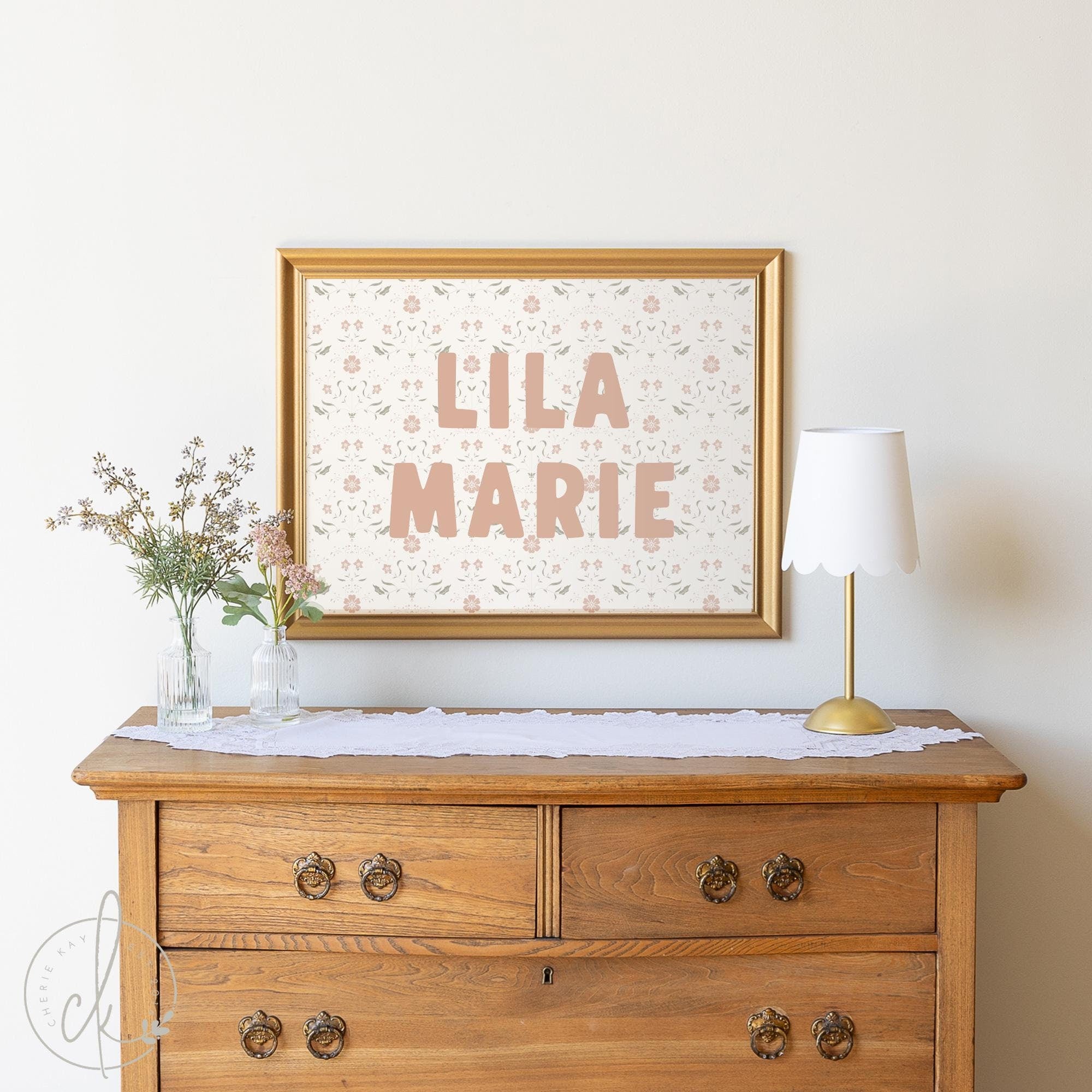 Personalized Floral Name Sign | Framed Art for Girl's Nursery, Bedroom, or Teen Room | Delicate Wildflower Botanical Design | Lila Marie