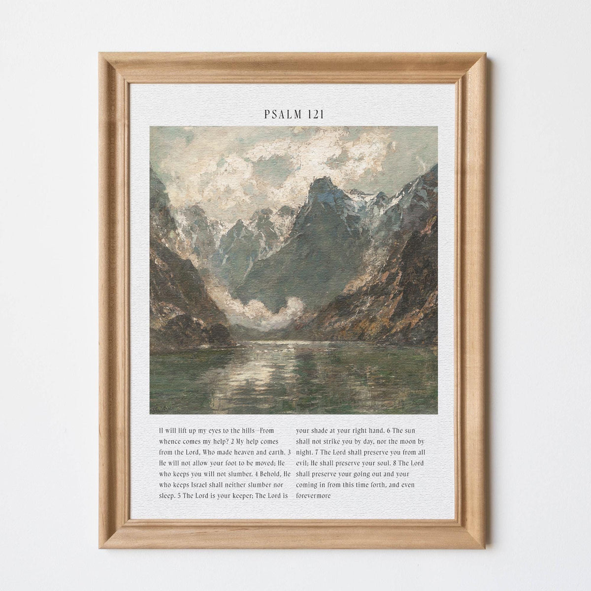 Vintage Psalm 121 Illustrated Mountain Landscape Art | Christian Home Decor | Inspirational Art for Living Room, Bedroom, or Office | N213