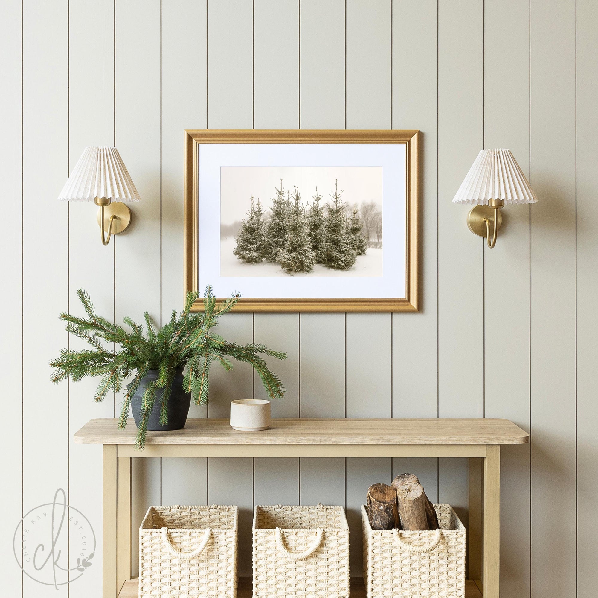 Framed Christmas Wall Art | Snow-Covered Pine Trees Winter Scene | Farmhouse Style Holiday Decor | Cozy Home Wall Decor | N216