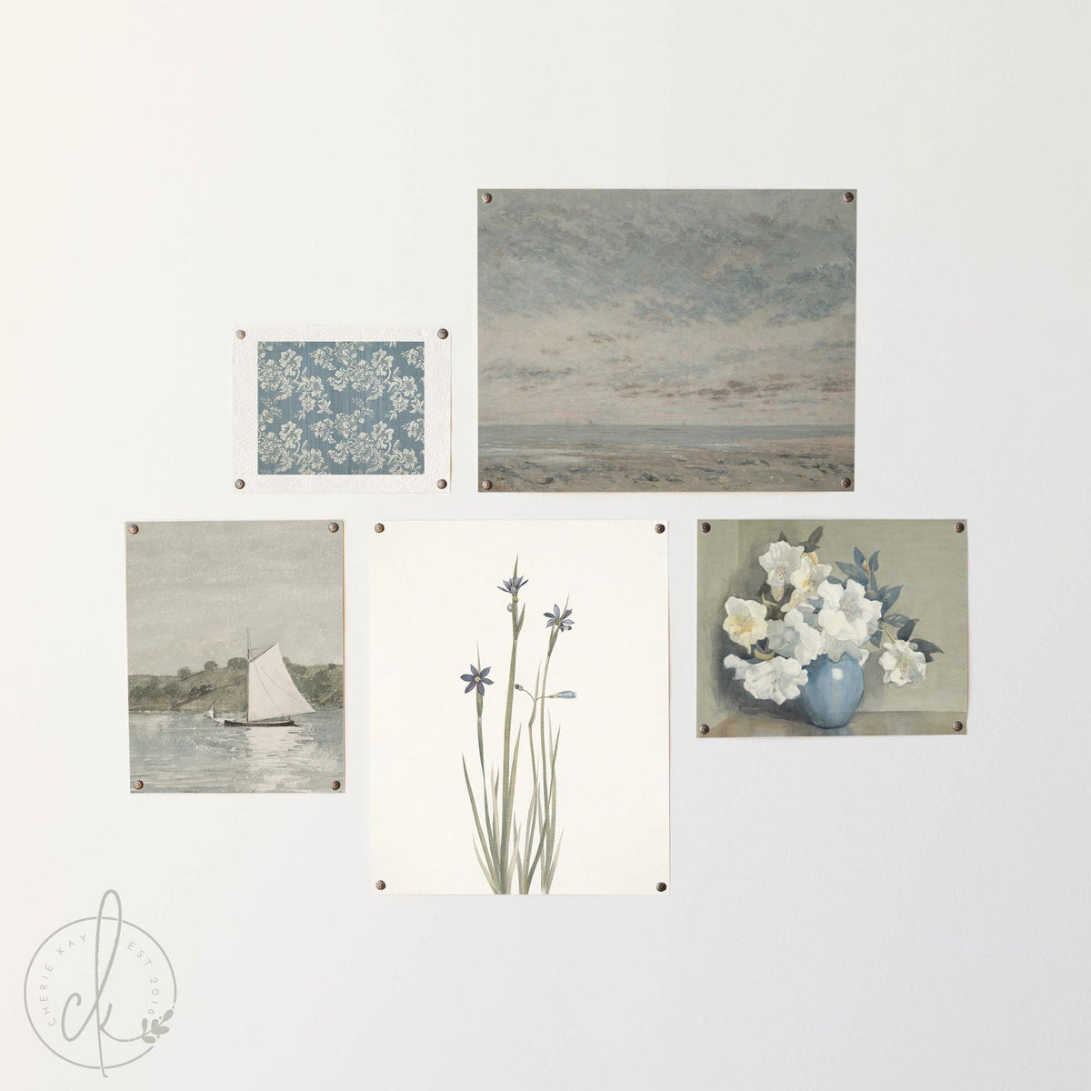 Coastal Vintage Gallery Set | Nautical Sailboat, Blue Floral, &amp; Sky Prints | G25