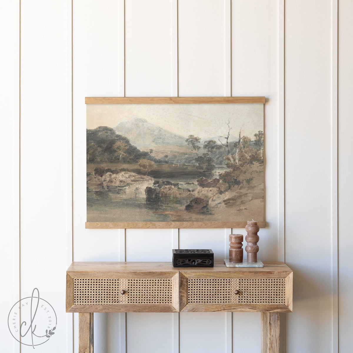 Large Vintage Landscape Wall Art | Oversized Framed Canvas Tapestry | Earth Tones Wall Decor for Living Room, Office, or Bedroom | T48