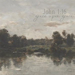 Extra Large Landscape Art | Wall Art with Bible Verse John 1:16 | Rustic Lake Scene | Christian Wall Decor | Living Room Wall Decor | T34